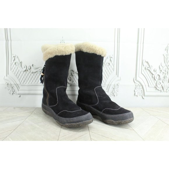 Clarks Black Suede Shearling Lined Side Zip Faux Fur Mid Calf Winter Boots 7 M - Picture 3 of 9